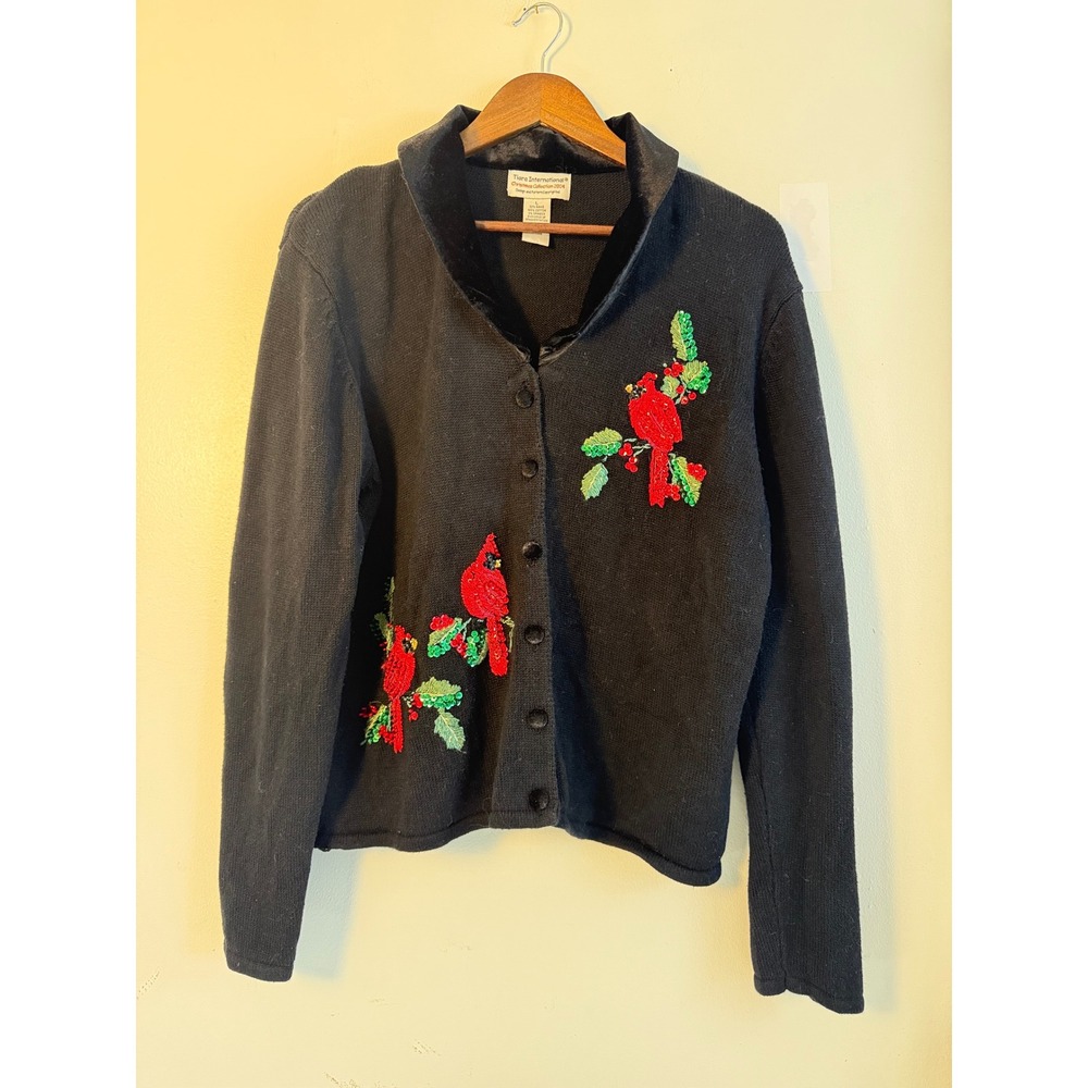Vintage Tiara International Christmas Cardinal Beaded Velvet Collar Cardigan L